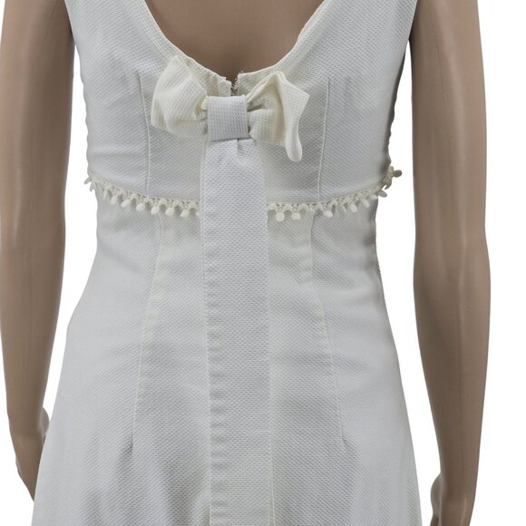 Vintage Ivory Dress With Pom Pom Trim & Bow Detail Sleeveless Empire Waist Squar - Picture 4 of 7